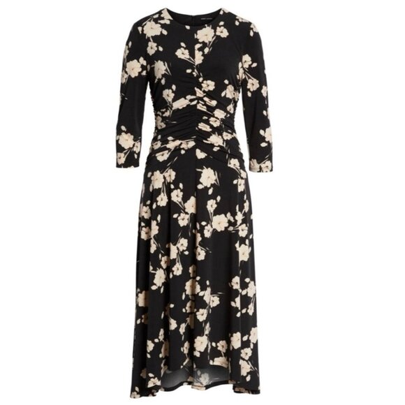 Maggy London Midi Dress 14 Black Pink Ivory Floral Ruched 3/4 Long Sleeve NEW - Picture 3 of 16
